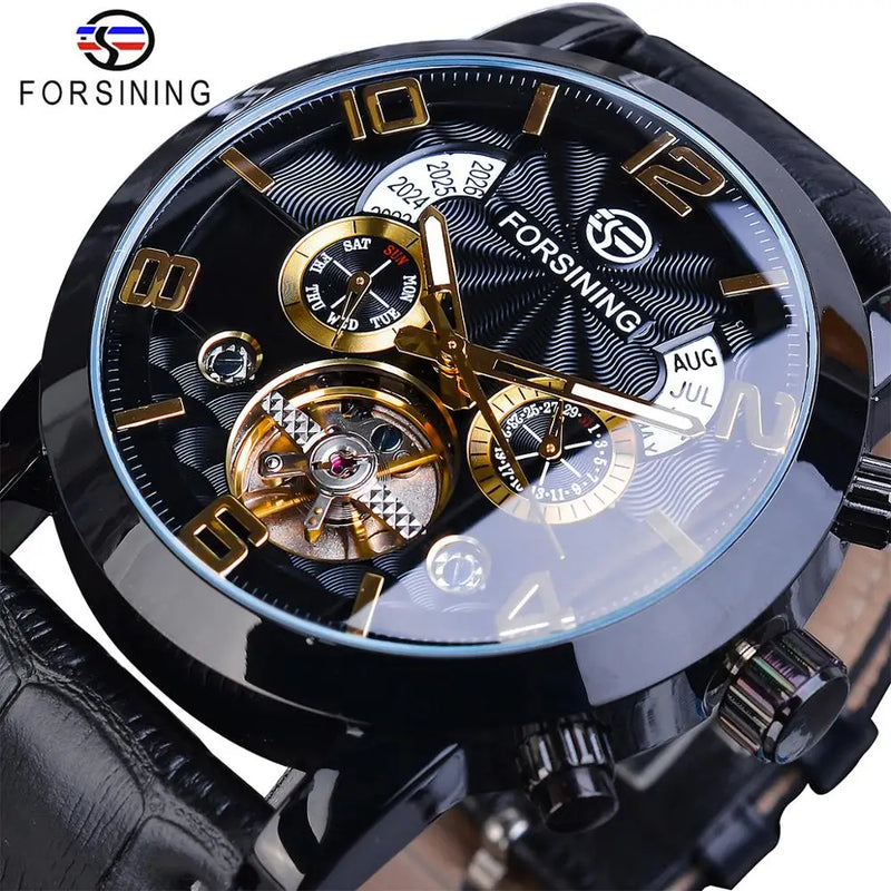 Relógio Automático Masculino Forsining Tourbillion Pulseira de Couro